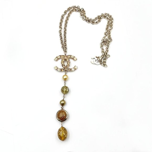 Chanel Rare Gold CC Shiny Gold Crystal Pearl Bead Long Dangle Pendant Necklace - Picture 1 of 4